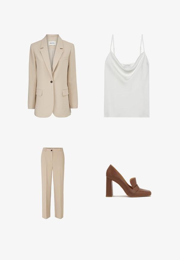 Modström GALE BLAZER - Κοντό παλτό - powder sand; Λευκό σατέν καμισόλ με ριγέ λαιμόκοψη, λεπτούς ρυθμιζόμενους ιμάντες και ευθεία τελείωση. Η ετικέτα "ANNA FIELD" είναι ορατή στο εσωτερικό.; Modström GALE - Παντελόνι - powder sand; Καφέ δερμάτινο ψηλοτάκουνο παπούτσι με τετράγωνη μύτη και φαρδύ λουρί μπροστά. Η σόλα είναι μπλοκ και σταθερή.