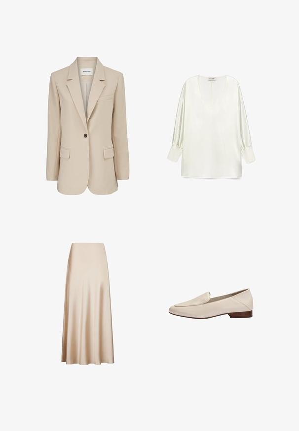 Modström GALE BLAZER - Kurzmantel - powder sand; Weiße Satinbluse mit einem tiefen V-Ausschnitt, langen Puffärmeln und geradem Saum. Der Stoff hat eine glatte, glänzende Textur.; Beige Satin-Midirock mit glatter Textur und ausgestelltem Design von der Taille bis zum Saum, in A-Linie. Keine sichtbaren Muster oder Akzente.; Beiger Lederloafer mit niedrigem Holzabsatz und abgerundet eckiger Zehenpartie, Seitenansicht vor weißem Hintergrund.