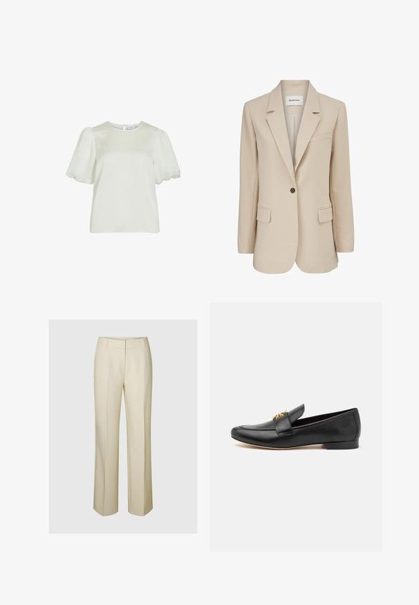 Modström GALE BLAZER - Korte frakker - powder sand; Hvid kortærmet bluse med rund halsudskæring og puffede ærmer, med knappelukning bagpå.; Beige vide ben bukser med skræddersyet design, der har en glat front, sidelommer og et blødt, struktureret stof.; Sorte læder loafers med rund tå, flad hæl og guldtonet hardware accent på remmen. Glat tekstur med minimale design detaljer.