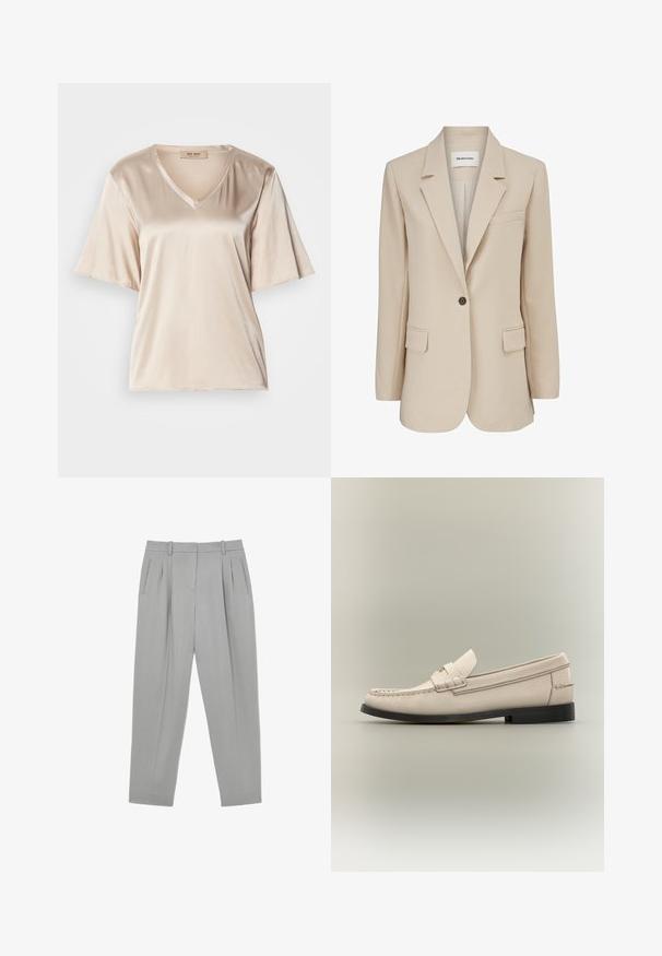 Modström GALE BLAZER - Lühike jakk - powder sand; Beež sametist t-särk V-kaelusega, lühikeste flöödid varrukatega ja siledast tekstuurist. Disain on lihtne, ilma mustrite ja kaunistusteta.; Helehallid formaalsed püksid esipleetide, küljetaskute, vööaasade ja kitseneva sääremudeliga.; Meeste beež nahast mokassiin musta tallaga ja dekoratiivse rihma detailiga helehalli taustal.