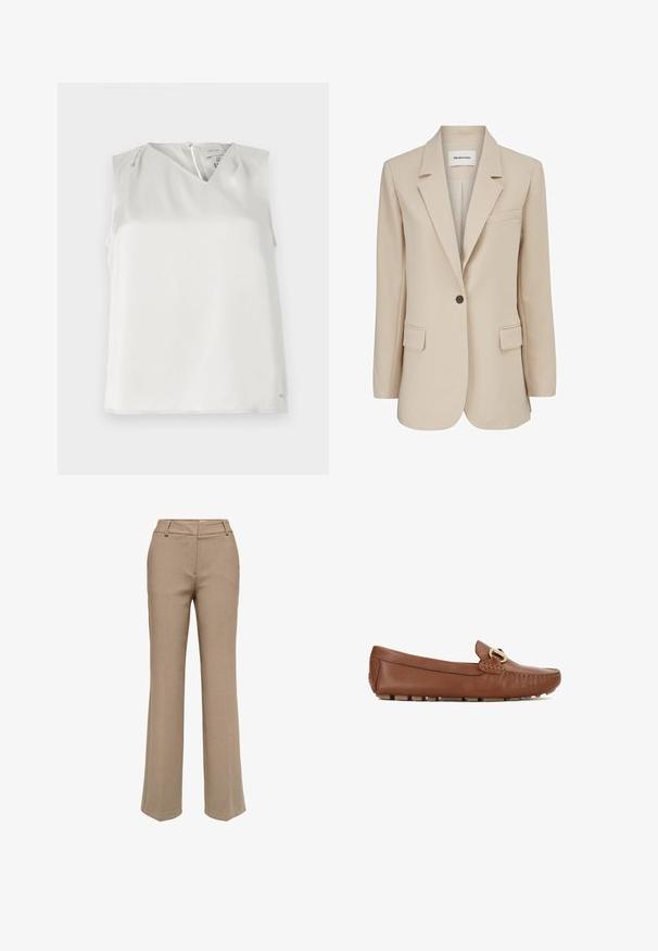 Modström GALE BLAZER - Manteau court - powder sand; Blouse blanche sans manches avec col en V, plis subtils aux épaules et fermeture éclair au dos, présentée sur un fond uni.; Pantalon beige à jambes droites avec passants pour ceinture et fermeture éclair devant, présenté sur fond blanc.; Mocassins en cuir marron à bout arrondi, coutures décoratives et accent doré. La semelle est dotée de petits picots en caoutchouc texturés.
