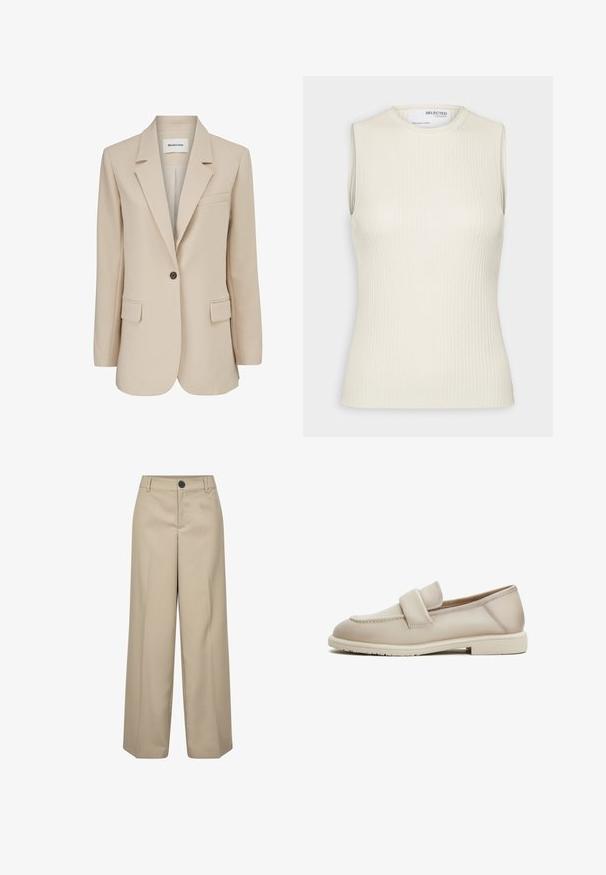 Modström GALE BLAZER - Abrigo corto - powder sand; Selected Knitted Sleeveless - Top - birch; Pantalones de pierna ancha de talle alto en color beige, con un solo botón frontal, trabillas para cinturón y pliegues prensados. Textura suave y silueta ajustada.; Mocasines de cuero beige con una textura suave, que cuentan con una correa elevada en la parte superior y una suela de goma baja y plana.