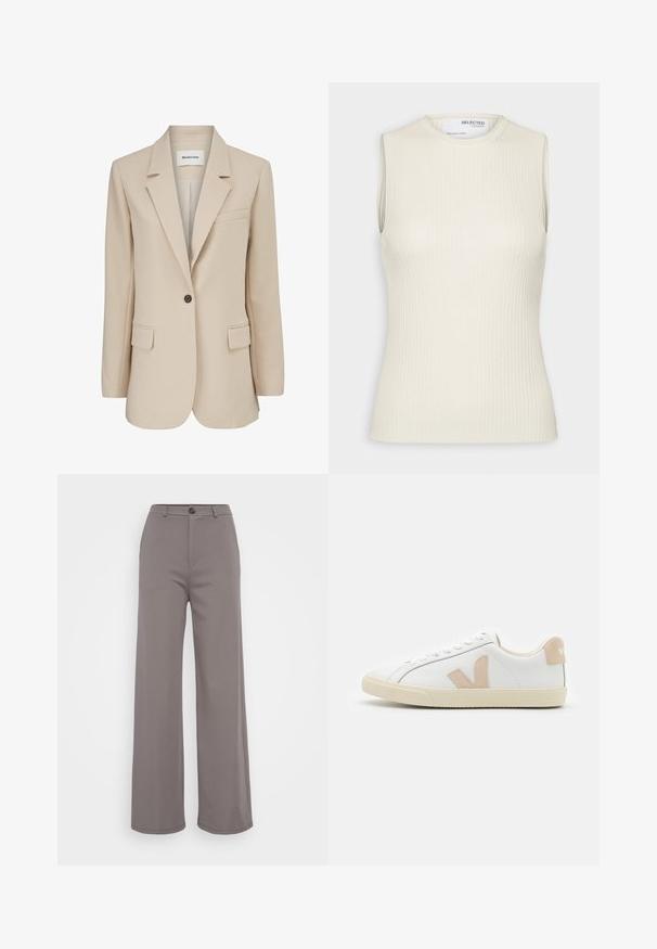 Modström GALE BLAZER - Korte frakker - powder sand; Selected Knitted Sleeveless - Top - birch; Bredde bukser i et blødt gråt stof. Har en knaplukning og rene sømme. Glat tekstur uden synlige mønstre eller udsmykninger.; Hvide lædersneakers med beige suede-detaljer, rund tå, flad gummisål og snøredesign. Har et logo på hælen.