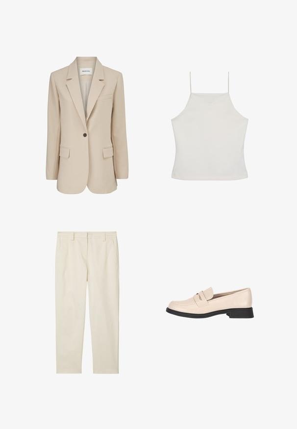 Modström GALE BLAZER - Halflange jas - powder sand; Witte mouwloze crop top met dunne bandjes en een subtiel "cK"-logo geborduurd op de borst, effen achtergrond.; Marc O'Polo MODERN STYLE TAPERED LEG HIGH RISE WELT POCKET - Chino - chalky sand; Beige leren loafer met zwarte zool, lage hak en banddetail bovenop, getoond in zijaanzicht op een witte achtergrond.