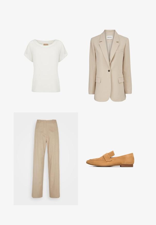 Modström GALE BLAZER - Kurzmantel - powder sand; Weißes Damenshirt mit kurzen Ärmeln, rundem Ausschnitt und einem kleinen beigen Etikett auf der Innenseite des Kragens.; Calvin Klein TAILORED STRAIGHT PANT - Stoffhose - cinder; Tan-farbene Wildleder-Loafers mit flachem Absatz, runder Zehenpartie und einem gesteppten Riemen über dem Spann für einen eleganten Abschluss.