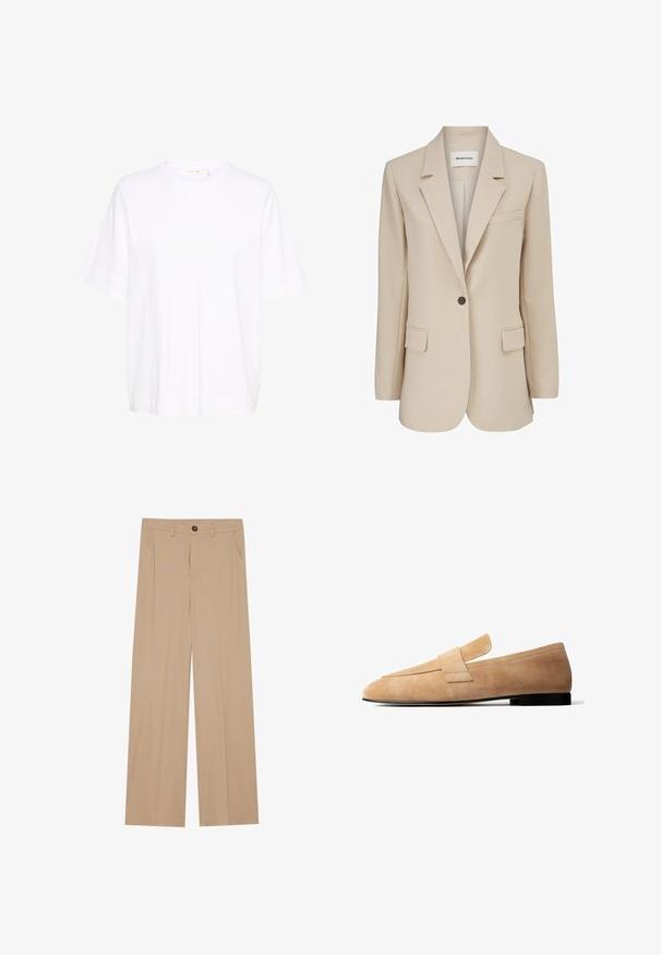 Modström GALE BLAZER - Κοντό παλτό - powder sand; Λευκό μπλουζάκι φτιαγμένο από μαλακό βαμβάκι, με στρογγυλή λαιμόκοψη, χαλαρές κοντές μανίκες και ίσια σωστή. Χωρίς εμφανή σχέδια ή τόνους.; Μπεζ παντελόνια με φαρδύ πόδι και λεία υφή, διαθέτοντας δύο πλαϊνές τσέπες, κλείσιμο με κουμπί στο μπροστινό μέρος και διακριτές πιέτες για πρόσθετη λεπτομέρεια.; Ταμπά δερμάτινο μοκασίνι σουέτ με μικρό μαύρο τακούνι και φαρδιά λουρίδα στο επάνω μέρος, εμφανιζόμενο σε πλαϊνή όψη πάνω σε λευκό φόντο.
