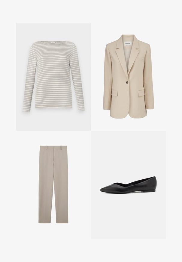 Modström GALE BLAZER - Korte frakker - powder sand; TOM TAILOR STRIPED BOAT NECK - Langærmet T-shirt - taupe/offwhite; Beige, lige bukser med bæltestropper og et rent, minimalistisk design, vist fladt på en hvid baggrund.; Sorte flade sko lavet af glat læder, med et spidst tådesign og en lav, afrundet hæl med en minimalistisk silhuet.
