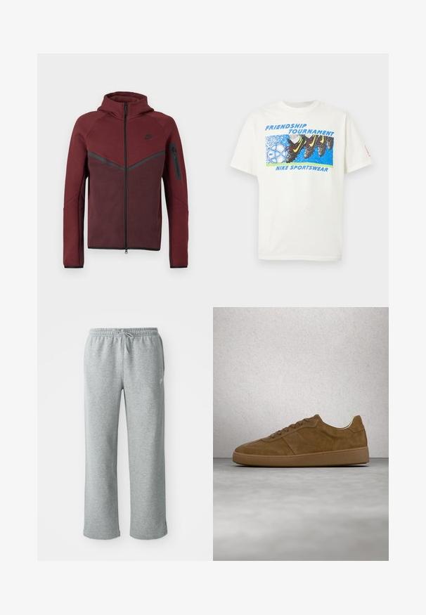Bordeauxfarbene Zip-Hoodie mit Kapuze, ausgestattet mit schwarzen Akzenten und einer seitlichen Reißverschlusstasche. Hergestellt aus einem weichen, strukturierten Material mit einem Farbblockdesign.; Weißes T-Shirt mit einer Grafik von Fußballschuhen, die einen blau-weißen Nike-Fußball treten, sowie den Text "Friendship Tournament" und "Nike Sportswear."; Graue Sweatpants aus Baumwolle mit elastischem Bund, Kordelzugverschluss und geraden Beinen. Verfügt über ein kleines Logo auf der oberen linken Seite.; Brauner Veloursleder-Sneaker mit hellbraunen Schnürsenkeln und Gummisohle. Verfügt über eine abgerundete Zehenpartie und gestickte Details am Obermaterial. Leichtes Design.