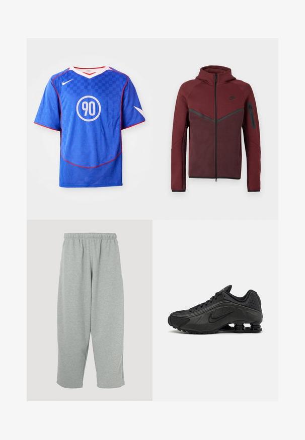 Maroons zip-up hoodie med hætte, med sorte detaljer og en sidelomme med lynlås. Lavet af et blødt, tekstureret materiale med et farveopdelt design.; Blå Nike fodboldtrøje med ternet mønster, korte ærmer, v-hals design, hvide accenter og et centralt cirkulært "90" grafik.; Lysegrå joggingbukser med elastisk taljebånd, konisk ben-design og blød tekstur. Ingen synligt mærke eller mønstre.; Sorte løbesko med en glat syntetisk overdel, perforerede detaljer, teksturerede sidedele og en distinkt fjedrende sål.