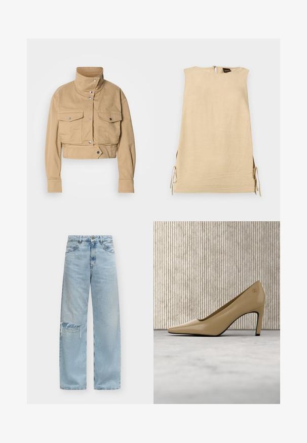 Veste beige raccourcie en coton doux avec un col montant, des pressions, et deux poches poitrine. Présente une texture lisse et mate.; Robe beige sans manches avec fentes latérales nouées par des nœuds, col montant et fermeture éclair au dos avec étiquette de la marque Boss visible.; Jean bleu clair taille haute à jambes larges avec un patch usé sur le genou gauche et un style classique à cinq poches.; Chaussure à talon haut beige à bout pointu avec petit emblème doré, positionnée à la verticale sur une surface réfléchissante près d'un organiseur de fichiers en métal.