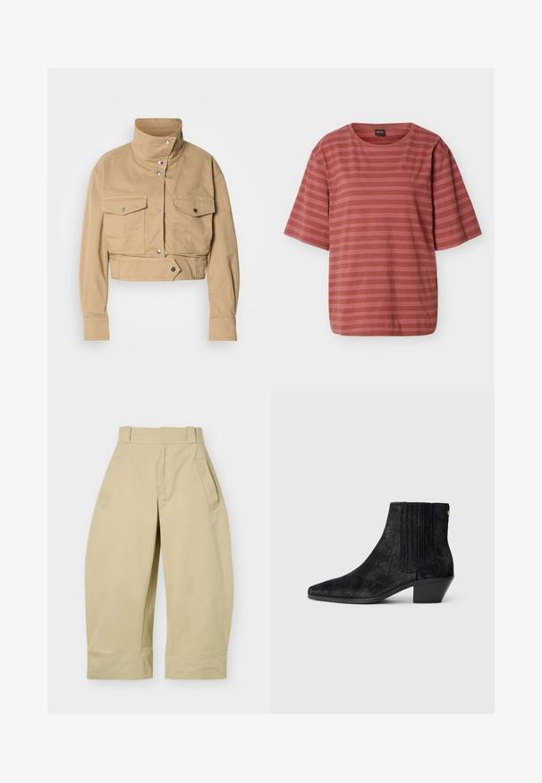 Veste beige raccourcie en coton doux avec un col montant, des pressions, et deux poches poitrine. Présente une texture lisse et mate.; T-shirt à manches courtes couleur rouille avec de fines rayures horizontales blanches et un petit logo brodé sur le côté gauche de la poitrine.; Pantalon beige taille haute, coupe large et courte, avec passants de ceinture, poches latérales et coutures apparentes aux ourlets.; Bottine noire à bout pointu, en matériau texturé imitant les cheveux, avec un panneau latéral à nervures et un petit talon carré. Un design simple et moderne.