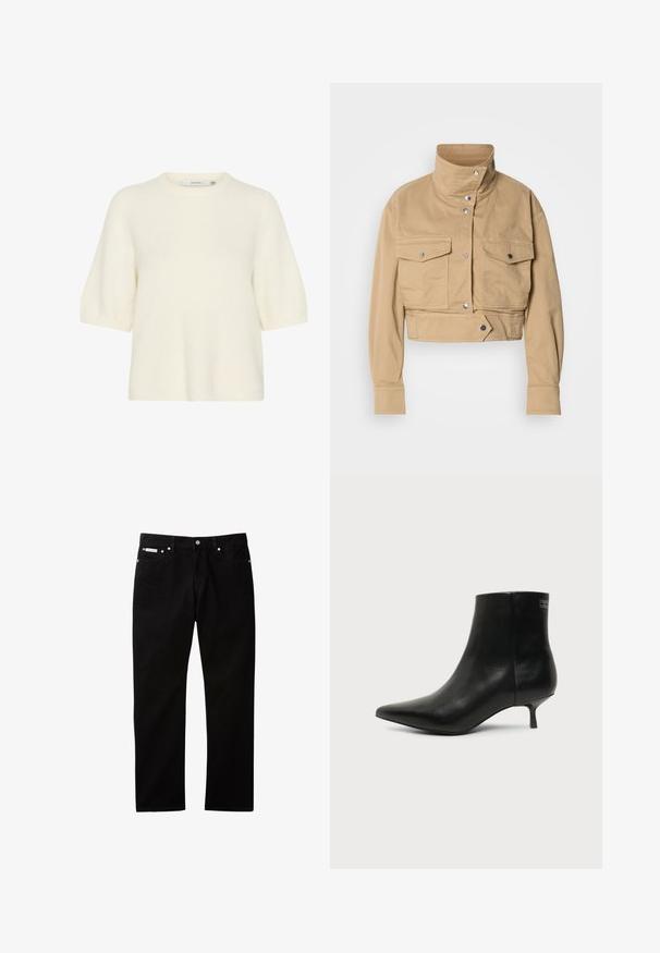 Chaqueta beige recortada en algodón suave con cuello alto, cierres de presión y dos bolsillos en el pecho. Presenta una textura suave y mate.; Suéter de manga corta y cuello redondo, hecho de un material suave y esponjoso en color blanco roto. Presenta un ajuste relajado con puños y dobladillo de canalé.; Pantalones vaqueros de mezclilla negra con diseño de pierna recta, con cierre de botón y cremallera, cinco bolsillos y una pequeña etiqueta con el logo en la cinturilla.; Botín de piel negra con puntera puntiaguda y tacón bajo estilo kitten sobre fondo claro, mostrando vista lateral exterior.