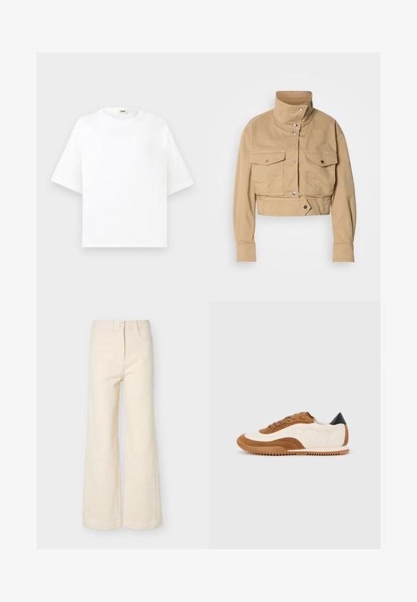 Veste beige raccourcie en coton doux avec un col montant, des pressions, et deux poches poitrine. Présente une texture lisse et mate.; T-shirt blanc en coton à manches courtes, col rond, coupe droite avec une petite étiquette beige au niveau de l'encolure.; Pantalon crème taille haute à jambes larges avec bouton avant, fermeture éclair, passants pour ceinture, et détail subtil en tissu texturé.; Baskets avec une tige en cuir crème, des accents en suède marron, des lacets marron et un contrefort de talon noir. Dotées d'une semelle en caoutchouc texturée.