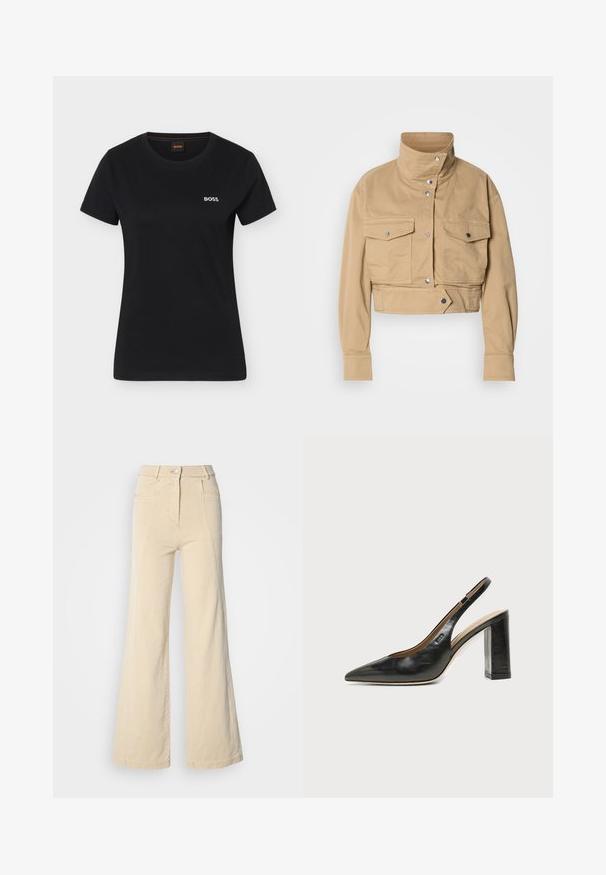 Veste beige raccourcie en coton doux avec un col montant, des pressions, et deux poches poitrine. Présente une texture lisse et mate.; T-shirt noir à manches courtes pour femmes avec encolure ronde et petit logo blanc "BOSS" sur le côté gauche de la poitrine.; Jeans beige à jambes larges avec taille haute, poches avant, et couture contrastée, dotés d'une fermeture à bouton et d'une texture en coton lisse.; Chaussure slingback en cuir noir à bout pointu avec un talon bloc haut et une doublure intérieure beige sur un fond clair uni.
