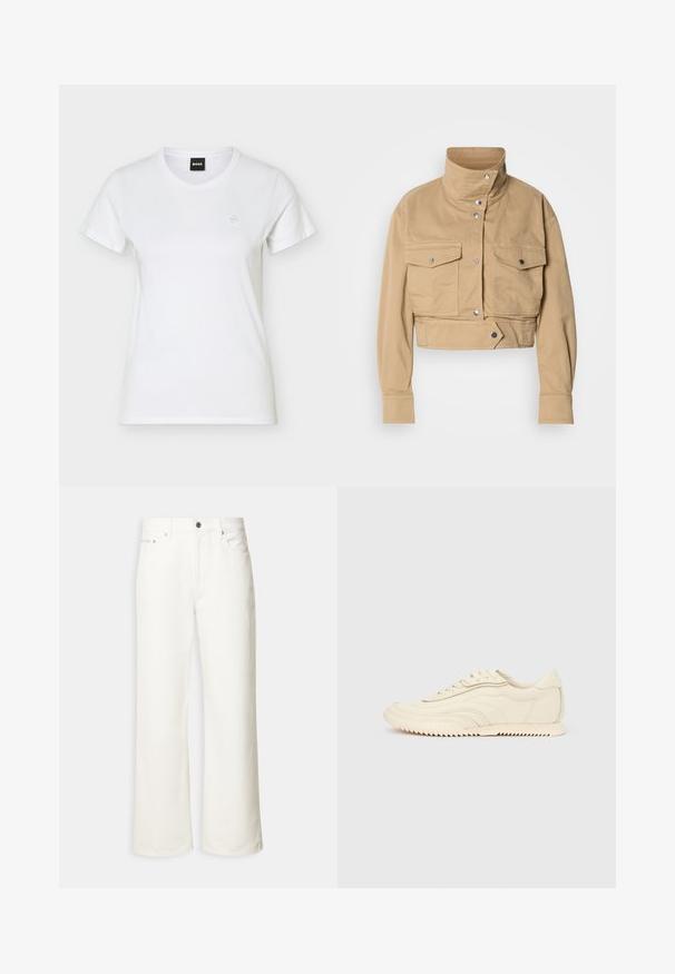 Veste beige raccourcie en coton doux avec un col montant, des pressions, et deux poches poitrine. Présente une texture lisse et mate.; T-shirt blanc à manches courtes avec col rond, petit logo en relief sur le côté gauche de la poitrine et étiquette BOSS noire à l'intérieur du col.; Jean blanc à jambes larges avec boutons à l'avant, passants de ceinture et design à cinq poches.; Baskets basses de couleur crème avec des coutures ondulées, une fermeture à lacets et une semelle crantée, vues de côté sur un fond uni.