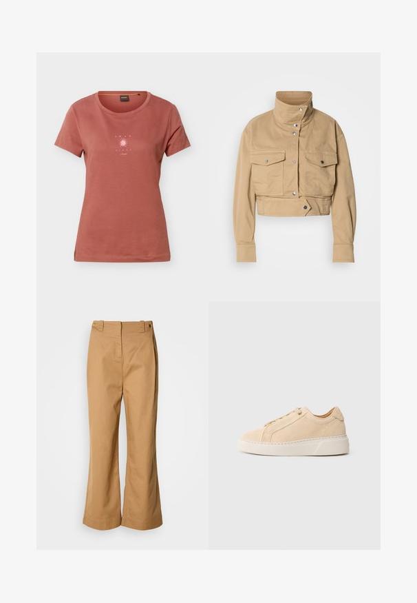 Veste beige raccourcie en coton doux avec un col montant, des pressions, et deux poches poitrine. Présente une texture lisse et mate.; T-shirt à manches courtes couleur rouille avec un col rond et un petit graphisme de soleil rose avec le texte "AMAR EL SOL" sur la poitrine.; Pantalon à jambes larges en tissu de coton beige, doté d'une taille haute, de deux boutons dorés et d'une texture lisse. Aucun motif ou accent visible.; Baskets en daim beige avec un bout arrondi, des coutures ton sur ton, et une semelle épaisse en caoutchouc blanc. Elles présentent des lacets plats et un design minimaliste.