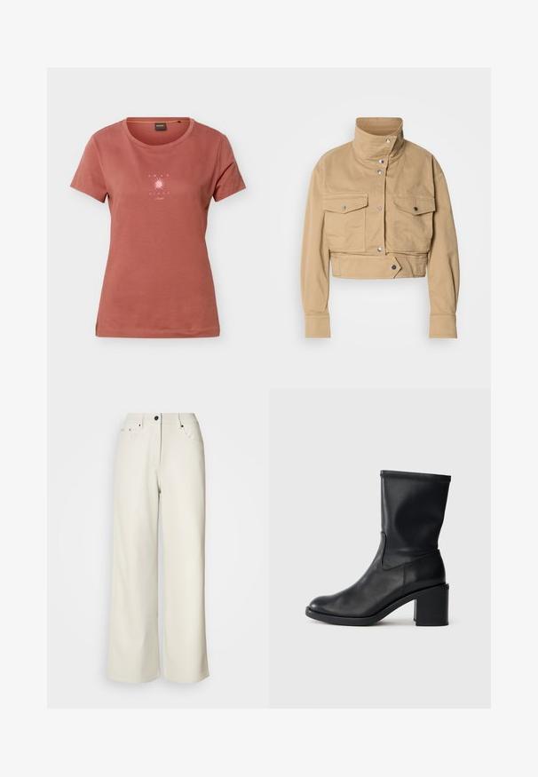 Veste beige raccourcie en coton doux avec un col montant, des pressions, et deux poches poitrine. Présente une texture lisse et mate.; T-shirt à manches courtes couleur rouille avec un col rond et un petit graphisme de soleil rose avec le texte "AMAR EL SOL" sur la poitrine.; Pantalons larges de couleur crème en tissu lisse. Dotés d'une taille mi-haute, d'une fermeture éclair et de deux poches avant avec des accents en matériel noir.; Botte en cuir noir à cheville avec un bout rond, texture lisse et un talon épais, présentant un tige ajustée et un subtil détail de couture.