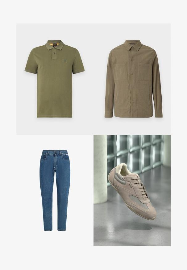 Olijfgroene corduroy jas met een knoopsluiting aan de voorkant, twee borstzakken, zijzakken en een klassieke kraag. Lange mouwen met knoopmanchetten.; Olijf groene polo shirt van katoen, met een drieknops sluiting, korte mouwen en een klein logo op de borst.; Blauwe denim jeans met een hoge taille en rechte pijpen. Kenmerken zijn onder andere het klassieke vijf-pocket ontwerp, riemlussen en een merkembleem op de tailleband.; Lichtroze sneaker van suède en mesh met veter, ronde neus en beige accenten; afgebeeld tegen een minimalistische achtergrond.