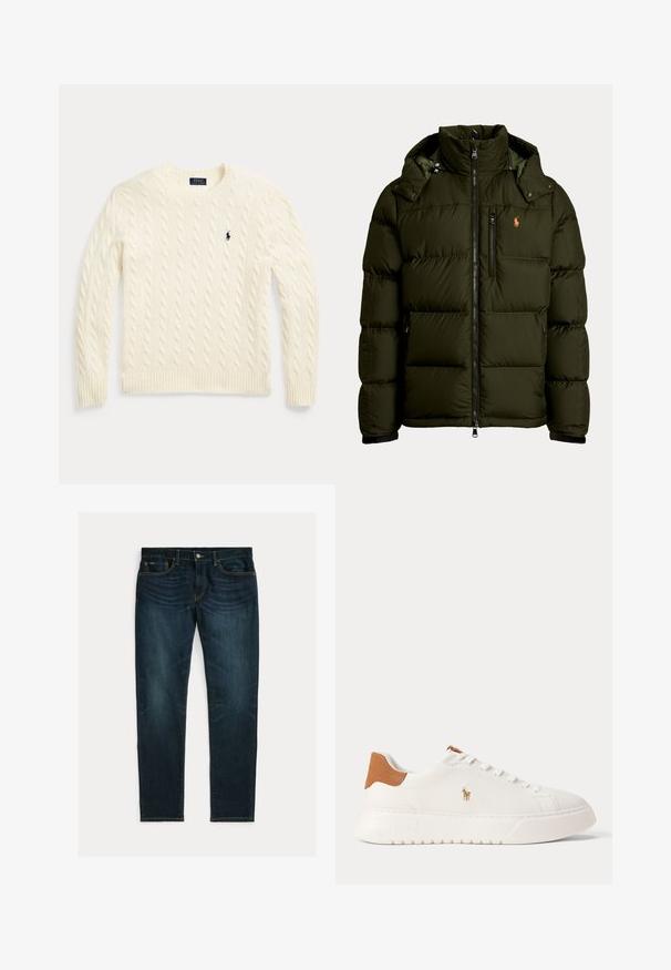 Veste matelassée vert foncé avec col montant, fermeture éclair devant, poche poitrine, poches latérales et petit logo orange brodé sur la poitrine gauche.; Pull en maille torsadée couleur crème avec manches longues et logo Polo Ralph Lauren brodé sur la poitrine gauche.; Jean slim bleu foncé avec légère décoloration et design à cinq poches, posé à plat sur un fond blanc.; Baskets basses blanches avec languette de talon beige, lacets blancs et petit logo brodé d'un joueur de polo sur le côté au-dessus d'une semelle épaisse.