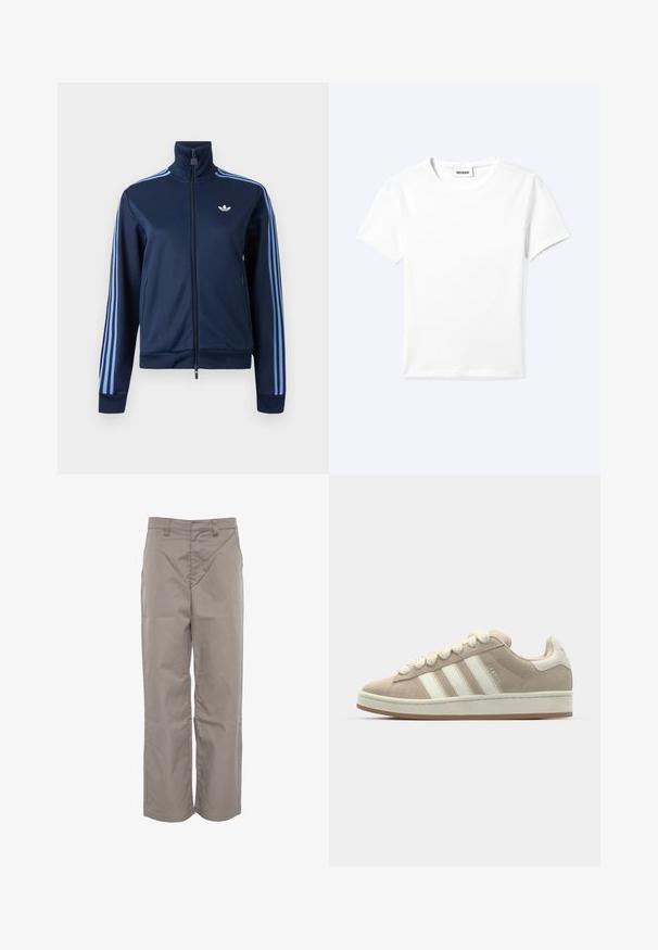 Chaqueta deportiva azul marino con cremallera, tres franjas en azul claro en las mangas y el logo trefoil de Adidas en el pecho izquierdo.; Camiseta blanca lisa de manga corta con cuello redondo y una pequeña etiqueta "WEEKDAY" dentro del cuello, mostrada extendida sobre un fondo claro.; Pantalones caqui de mezcla de algodón, con un diseño de pierna recta, parte delantera plana y una textura suave, que incluye dos bolsillos frontales.; Zapatillas de ante marrón con rayas y cordones de cuero blanco, suela de goma, cuello acolchado y detalles texturizados en la parte superior.