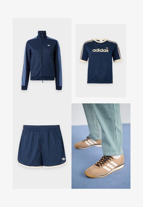 Tmavomodrá tréningová bunda na zips so svetlomodrými tromi pruhmi na rukávoch a logom Adidas trefoil na ľavej strane hrudníka.; Tmavomodré Adidas sieťované tričko s krátkym rukávom s krémovým lemom, troma krémovými pruhmi na rukávoch a logom Adidas na hrudi.; Tmavomodré športové šortky s elastickým pásom, bielym lemom, priedušnou sieťovinou a logom Adidas na spodnej pravej nohe.; Svetlé semišové a sieťovinové tenisky s hnedými šnúrkami a tromi bielymi pruhmi. V kombinácii so zelenými a bielymi pruhovanými nohavicami, položené na modrom povrchu.