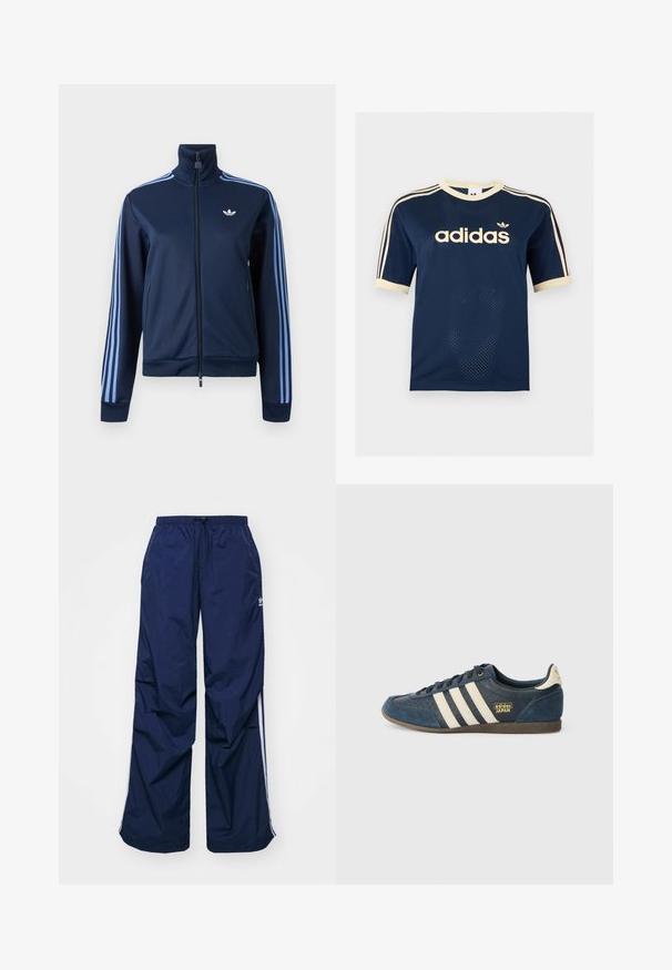 Tmavomodrá tréningová bunda na zips so svetlomodrými tromi pruhmi na rukávoch a logom Adidas trefoil na ľavej strane hrudníka.; Tmavomodré Adidas sieťované tričko s krátkym rukávom s krémovým lemom, troma krémovými pruhmi na rukávoch a logom Adidas na hrudi.; Tmavomodré, ľahké nohavice s elastickým pásom a sťahovacou šnúrkou, so svetlými bočnými pásmi a malým logom na prednej strane. Strih voľného strihu.; Námornícky modré semišové tenisky s krémovými pruhmi, textúrovanou špičkou, zlatým logom "adidas JAPAN" a hnedou gumovou podrážkou. Klasický nízky dizajn.