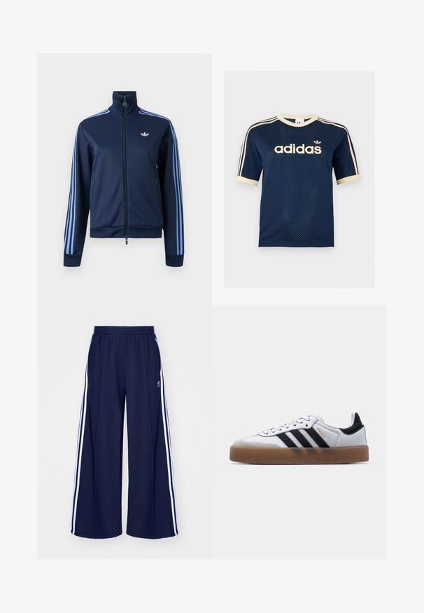 Tmavomodrá tréningová bunda na zips so svetlomodrými tromi pruhmi na rukávoch a logom Adidas trefoil na ľavej strane hrudníka.; Tmavomodré Adidas sieťované tričko s krátkym rukávom s krémovým lemom, troma krémovými pruhmi na rukávoch a logom Adidas na hrudi.; adidas Originals PANT - Tepláky - night indigo; Biele kožené tenisky s čiernymi pruhmi, gumová podrážka, okrúhla špička, šnurovanie a mäkký sivý semišový špička.
