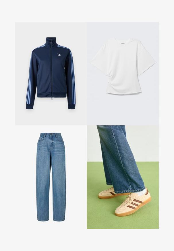 Marineblaue Trainingsjacke mit Reißverschluss, hellblauen drei Streifen an den Ärmeln und Adidas-Trefoil-Logo auf der linken Brust.; Weißes kurzärmeliges Oversized T-Shirt mit Rundhalsausschnitt, dargestellt vor hellem grauem Hintergrund.; Hellblaue Jeans aus Denim mit geradem Schnitt, ausgestattet mit einem Knopfverschluss, fünf Taschen und subtilen Ausbleichungen im gesamten Stoff.; Beige Sneakers mit strukturierten cremefarbenen Paneelen und braunen Streifen, kombiniert mit blauen Jeans. Die Jeans haben einen weiten Beinschnitt und einen fransigen Saum.