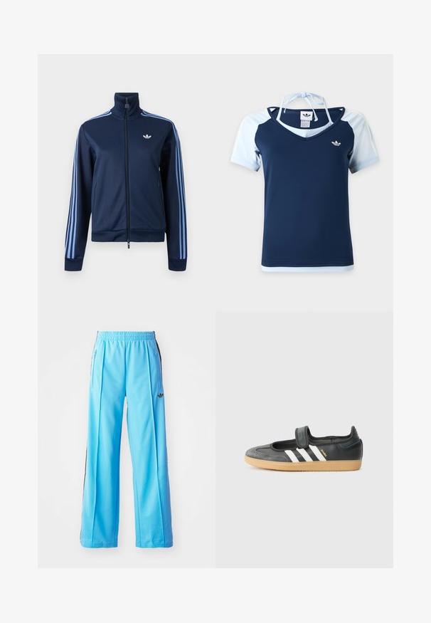 Tmavomodrá tréningová bunda na zips so svetlomodrými tromi pruhmi na rukávoch a logom Adidas trefoil na ľavej strane hrudníka.; Adidas top s krátkym rukávom v námorníckej modrej a svetlomodrej farbe, s výstrihom do V, logom na hrudi a halter pásikom viazaným na zadnej strane krku.; Svetlomodré športové nohavice s elastickým pásom, bočnými zipsami a čiernymi bočnými akcentmi. Mäkkučký materiál s voľným, širokým strihom.; Čierne kožené a zamšové tenisky s Velcro pásikom, s tromi bielymi pruhmi a gumenou podrážkou, označené nápisom "SAMBA" na boku.
