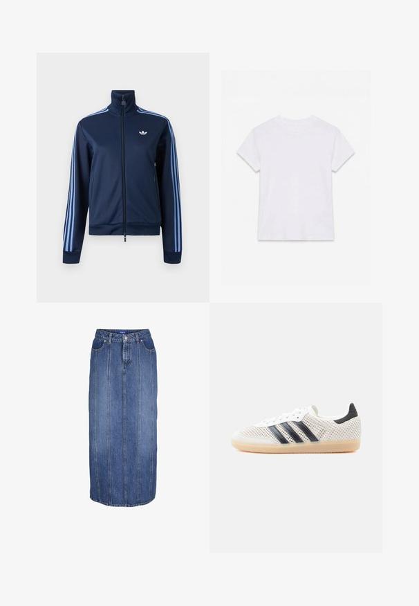Tmavomodrá tréningová bunda na zips so svetlomodrými tromi pruhmi na rukávoch a logom Adidas trefoil na ľavej strane hrudníka.; Jednofarebné biele bavlnené tričko s krátkym rukávom a okrúhlym výstrihom, položené na bielom pozadí.; Modrá rifľová midi sukňa so zvislými švami, predným gombíkom a zipsom na zapínanie, pútkami na opasok a prednými vreckami.; Biele sieťované tenisky s čiernym dizajnom troch pruhov, zaoblenou špičkou a gumovou podrážkou. Majú mäkký opätkový golier a šnurovanie.
