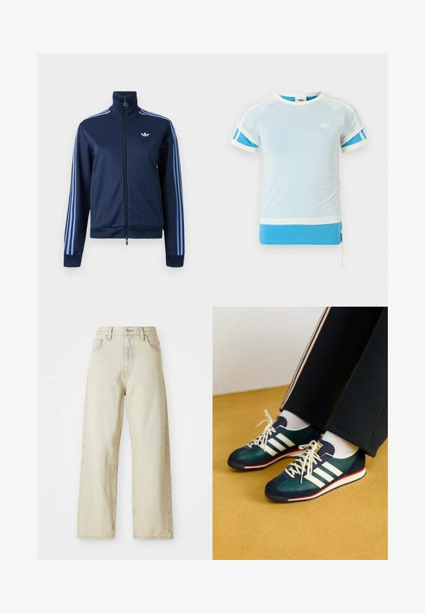 Marineblaue Trainingsjacke mit Reißverschluss, hellblauen drei Streifen an den Ärmeln und Adidas-Trefoil-Logo auf der linken Brust.; Hellblaues Sport-T-Shirt mit weißen Akzenten und blauen Seitenpaneelen. Es hat einen Rundhalsausschnitt und kurze Ärmel und besteht aus glattem Stoff.; Weite Jeans aus Denim in einem hellbeigen Farbton, mit vorderen Taschen, hoher Taille und dezenten Nähdetails. Hergestellt aus strukturiertem Denim-Stoff.; Grüne Wildleder- und Mesh-Sneaker mit weißen Streifen und roten Akzenten. Sie verfügen über eine flache Sohle und eine runde Zehenpartie, die mit cremefarbenen Schnürsenkeln gebunden sind.