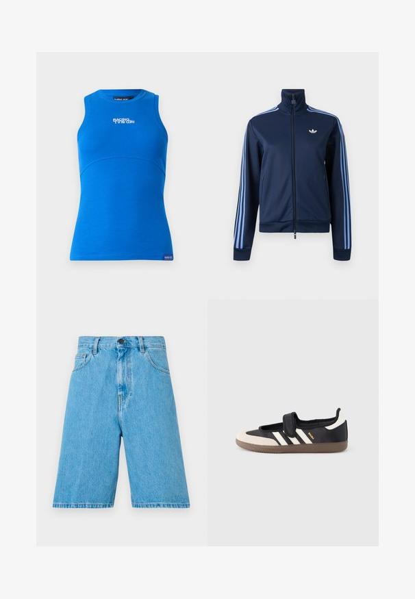 Tmavomodrá tréningová bunda na zips so svetlomodrými tromi pruhmi na rukávoch a logom Adidas trefoil na ľavej strane hrudníka.; Modrá bezrukávová blúzka vyrobená z ryhovej tkaniny. Obsahuje okrúhly výstrih a horizontálne logo "RACING RED BULL" na prednej strane.; Svetlomodré džínsové šortky s voľným strihom, s pútkami na opasok, zapínaním na gombík a prednými vreckami. Tkanina má hladkú štruktúru.; Čierna a béžová teniska s pásikom na suchý zips, tromi bielymi pruhmi na boku a štruktúrovanou hnedou gumovou podrážkou. Viditeľné logo značky.