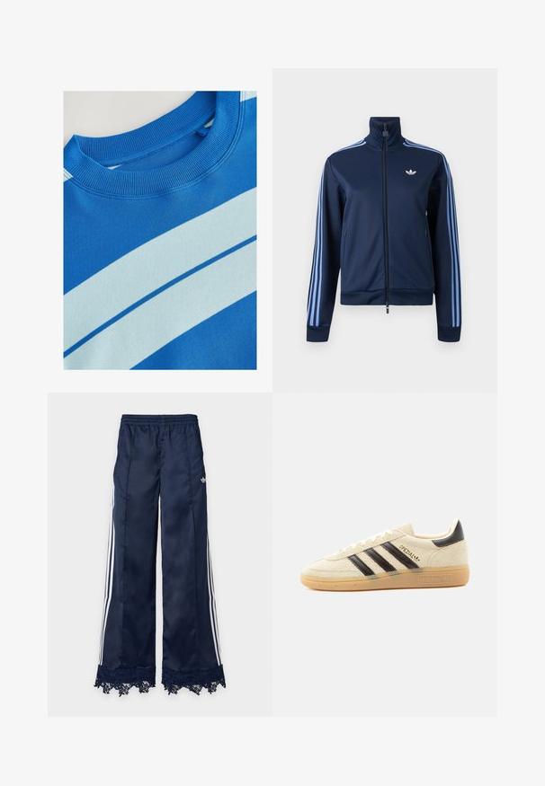 Marineblaue Trainingsjacke mit Reißverschluss, hellblauen drei Streifen an den Ärmeln und Adidas-Trefoil-Logo auf der linken Brust.; Blaues Sweatshirt mit geripptem Rundhalsausschnitt, ausgestattet mit horizontalen hellblauen Streifen und einer glatten Textur. Sauberes Design, weiches Material.; Marineblaue Trainingshose mit weitem Bein, weißen Seitenstreifen, elastischem Bund, adidas-Logo an der Hüfte und Spitzenbesatz am Saum.; Cremefarbener Wildleder-Sneaker mit schwarzen Streifen, Gummisohle, schwarzem Fersenlasche und goldenem „SPEZIAL“-Schriftzug an der Seite.