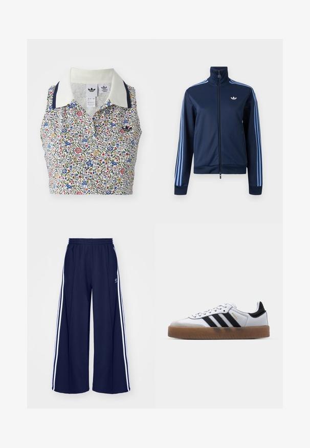 Marineblaue Trainingsjacke mit Reißverschluss, hellblauen drei Streifen an den Ärmeln und Adidas-Trefoil-Logo auf der linken Brust.; Blumen-Crop-Top mit weißem Grund und blauen, roten und gelben Blumen. Verfügt über einen weißen Kragen mit marineblauen Akzenten und einem bestickten Logo.; adidas Originals PANT - Jogginghose - night indigo; Weiße Leder Sneakers mit schwarzen Streifen, Gummigummi-Außensohle, runder Zehenform, Schnürverschluss und weichem grauem Wildleder-Zehenkappe.