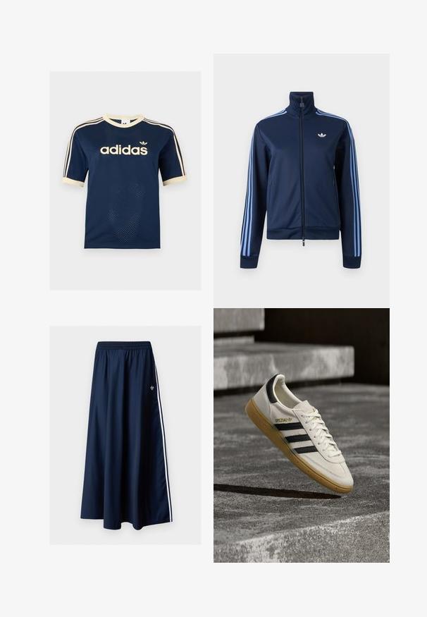 Tumši zila sporta jaka ar rāvējslēdzēju, gaiši ziliem trim svītrām uz piedurknēm un Adidas trefoil logotipu uz kreisā krūšu puses.; Tumši zilas Adidas tīkla īsām piedurknēm krekls ar krēmkrāsas apdari, trim krēmkrāsas svītrām uz piedurknēm un Adidas logotipu uz krūtīm.; Tumši zila gara svārku elastīgā jostasvietā, divas baltas sānu svītras un neliels balts Adidas logotips kreisajā pusē.; Balts Adidas Spezial sporta apavs ar melnām svītrām un gumijas zolēm, kas viegli paceļas virs pelēkām akmens kāpnēm ārā.