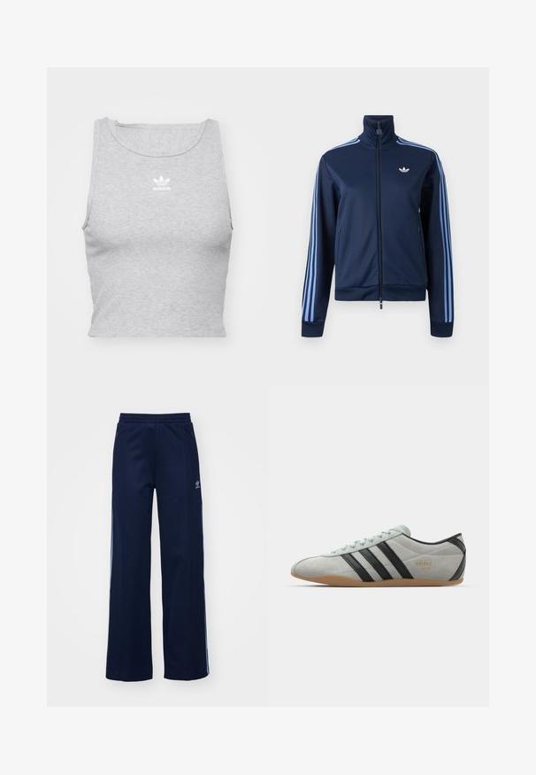 Marineblaue Trainingsjacke mit Reißverschluss, hellblauen drei Streifen an den Ärmeln und Adidas-Trefoil-Logo auf der linken Brust.; Graues, ärmelloses Crop-Top aus weichem Stoff, mit Rundhalsausschnitt und kleinem weißen Adidas-Logo auf der Brust.; Helleblaue Baumwollmischung Trainingshosen mit weit geschnittenem Design, elastischem Bund und Reißverschlusstaschen, mit weißen Seitenstreifen und Logodetails.; adidas Originals TOKYO - Sneaker low - silver/core black