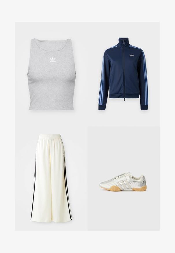 Tmavomodrá tréningová bunda na zips so svetlomodrými tromi pruhmi na rukávoch a logom Adidas trefoil na ľavej strane hrudníka.; Šedý, bezrukávový crop top vyrobený z jemnej látky, s okrúhlym výstrihom a malým bielym logom Adidas na hrudi.; Biele široké nohavice s elastickým pásom a čiernymi vertikálnymi pruhmi pozdĺž vonkajších švov.; Strieborná športová obuv s hladkým koženým zvrškom, gumovou podrážkou a textúrovanými detailmi. Má zakrivený dizajn a šnúrky v rovnakom odtieni.