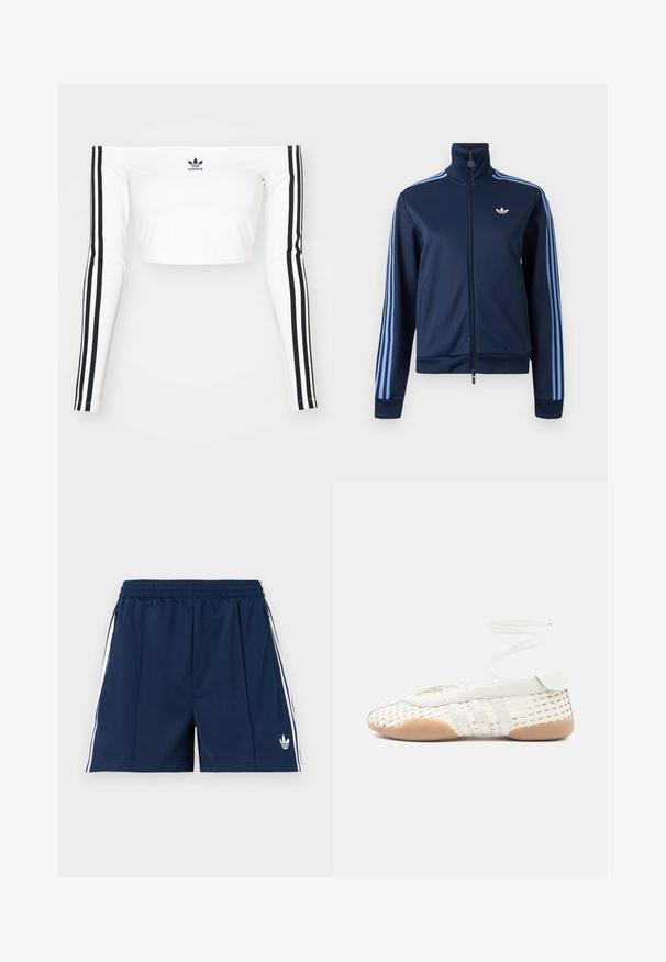 Tmavomodrá tréningová bunda na zips so svetlomodrými tromi pruhmi na rukávoch a logom Adidas trefoil na ľavej strane hrudníka.; Biely dlhý rukáv top bez ramienok v pružnom materiáli. Má čierne trojprúžkové akcenty na rukávoch a malé čierne logo na hrudi.; Tmavomodré športové šortky s elastickým pásom, bielymi bočnými pruhmi, vreckami na zips a malým bielym logom Adidas na ľavej nohe.; Biela tkaná topánka s textúrovaným zvrškom, okrúhlym špičkovým tvarom, bielymi koženými prvkami a flexibilnou gumovou podrážkou. Pripojené tenké šnúrky.