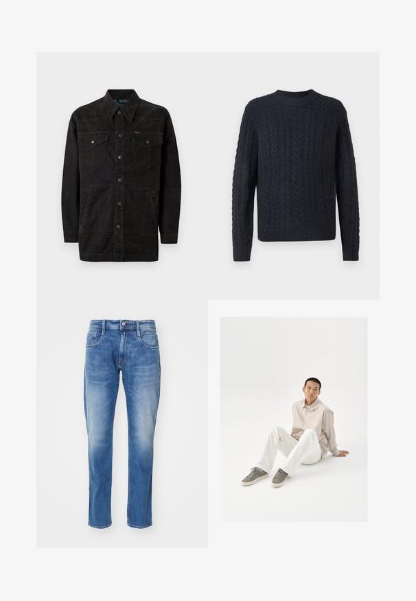 Veste en denim noir avec des boutons-pression, deux poches sur la poitrine, des poches latérales et un col pointu. Présente des coutures discrètes et une finition texturée.; Pull en maille bleu marine foncé avec un motif torsadé texturé, col rond, ourlet et poignets côtelés. Tissu doux, manches longues.; Jean en denim bleu clair avec une coupe droite, design à cinq poches, décoloration subtile et taille standard avec fermeture à bouton.; Chemise beige à boutons, pantalons blancs et baskets grises. La chemise a une coupe ample, et les baskets présentent une surface texturée et un design à lacets.