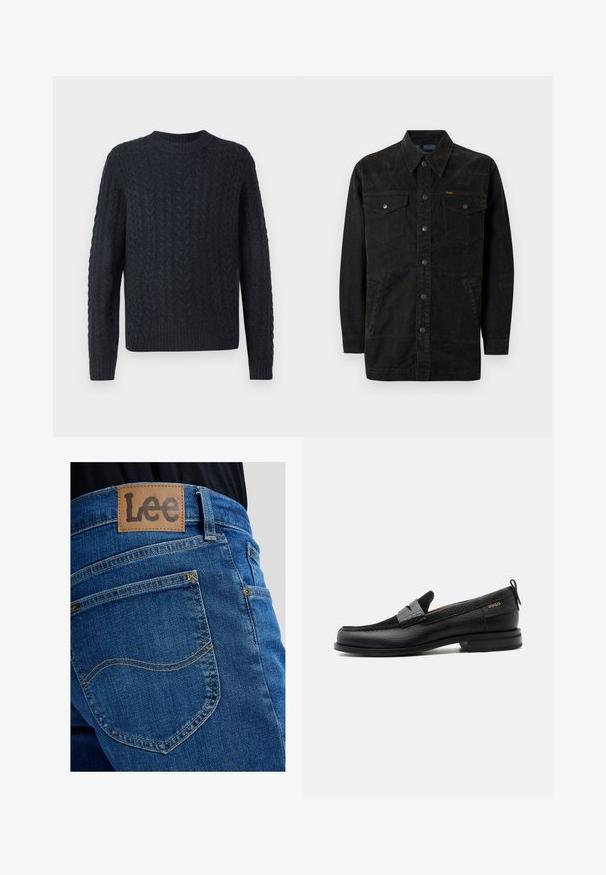 Schwarze Jeansjacke mit Druckknöpfen, zwei Brusttaschen, Seitentaschen und einem spitz zulaufenden Kragen. Merkmale sind dezente Nähte und eine strukturierte Oberfläche.; Dunkelblauer Strickpullover mit strukturiertem Zopfstrickmuster, rundem Ausschnitt sowie geripptem Saum und Bündchen. Weicher Stoff, lange Ärmel.; Blaue Denim-Jeans Nahaufnahme zeigt Gesäßtasche mit charakteristischer Naht und einem braunen Leder-Label der Marke Lee am Bund.; Schwarzer Lederloafer mit grauem Riemendetail, niedrigem Absatz und strukturierter Sohle, seitlich mit „HUGO“ in Gold gebrandmarkt.