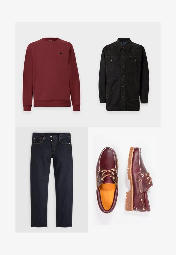 Schwarze Jeansjacke mit Druckknöpfen, zwei Brusttaschen, Seitentaschen und einem spitz zulaufenden Kragen. Merkmale sind dezente Nähte und eine strukturierte Oberfläche.; Burgunderfarbenes Sweatshirt mit Rundhalsausschnitt, langen Ärmeln, gerippten Bündchen und Saum. Mit einem kleinen schwarzen Logo auf der linken Brust.; Dunkelblaue Jeans mit geradem Bein, Knopfleiste, vorderen und hinteren Taschen sowie Kupfernieten auf hellgrauem Hintergrund.; Bordeauxfarbene Lederschuhe mit braunen Gummisohlen, runder Zehenform, weißen Nähten und goldenen Ösen. Das Innenfutter weist eine gelbe Beschichtung auf.