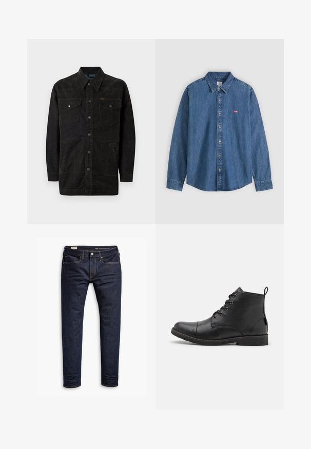 Veste en denim noir avec des boutons-pression, deux poches sur la poitrine, des poches latérales et un col pointu. Présente des coutures discrètes et une finition texturée.; Chemise en jean bleu à manches longues avec col et boutons beige, avec un petit logo rouge Levi's sur la poitrine gauche.; Jean en denim bleu foncé avec une coupe slim, présentant des coutures orange, un design à cinq poches et des accessoires en métal. Texture lisse, sans motifs.; Bottines en cuir noir avec une surface texturée, bout rond, six œillets pour les lacets et une petite languette à l'arrière.