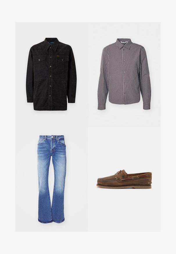 Zwarte denimjack met drukknoopsluiting, twee borstzakken, zijzakken en een puntige kraag. Bevat subtiele stiksels en een gestructureerde afwerking.; Overhemd met lange mouwen, een verticaal en horizontaal navy en bordeauxrood ruitpatroon, kraag en twee voormiddelen.; Lichtblauwe spijkerbroek met flared model en een vervaagde wassing, vijf zakken, knoopsluiting en gestikte details langs de naden. Brede pijpopening.; Bruine leren boot schoen met beige stiksels, ronde neus en veters. Platte rubberen zool en zijkanten met oogjes voor ventilatie.