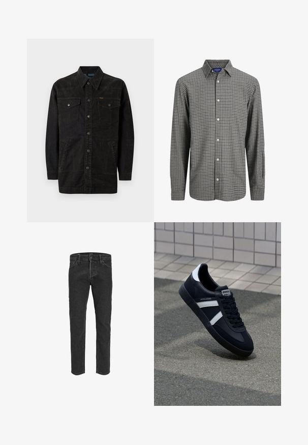 Zwarte denimjack met drukknoopsluiting, twee borstzakken, zijzakken en een puntige kraag. Bevat subtiele stiksels en een gestructureerde afwerking.; Overhemd met een ruitpatroon in zwart en wit, met een puntige kraag, lange mouwen en een rechte zoom.; Zwarte denim jeans met een rechte pasvorm, vijf zakken en riemlussen, met een licht vervaagde textuur en contrasterende stiksels.; Zwarte leren sneaker met witte strepen, een gestructureerde rubberen zool en vetersluiting aan de voorkant. Voorzien van een merklabel op de tong.