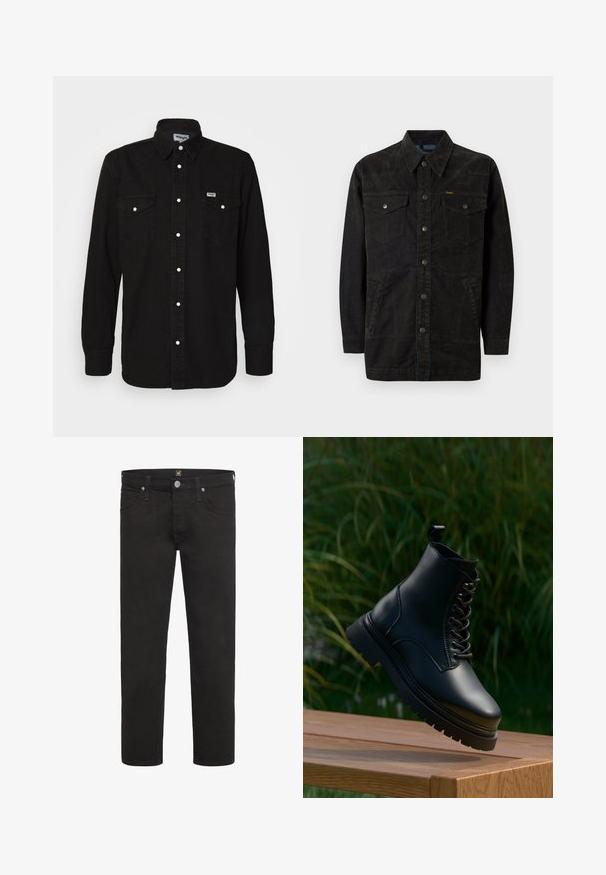 Veste en denim noir avec des boutons-pression, deux poches sur la poitrine, des poches latérales et un col pointu. Présente des coutures discrètes et une finition texturée.; Chemise noire à manches longues avec col pointu, deux poches poitrine, boutons-pression blancs et tissu texturé. Logo Wrangler sur la poitrine gauche.; Jean noir à jambe droite avec fermeture à boutons et à zip, poches avant et arrière, et passants de ceinture, de la marque Lee.; Bottine en cuir noir avec un bout rond, un laçage sur le devant et une semelle épaisse à bords crantés. Dispose d'une languette au col pour faciliter l'enfilage.