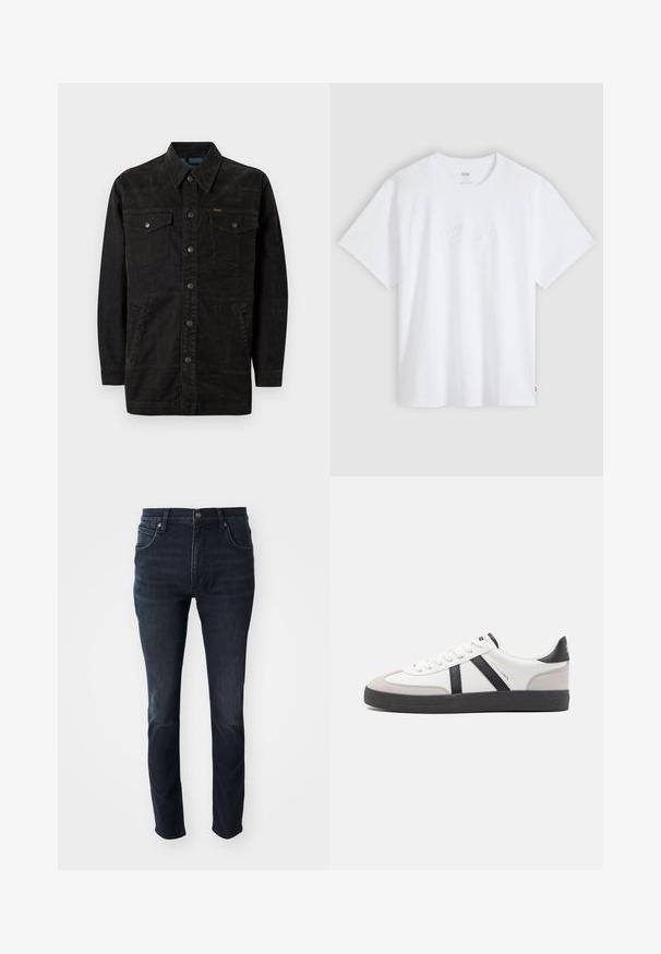 Sort denimjakke med trykknapper, to brystlommer, sidelommer og en spids krave. Har subtil syning og en struktureret overflade.; Hvid T-shirt med korte ærmer og rund hals, med subtilt præget skrifttype-logo centreret på brystet og en lille rød mærketag i siden.; Mørkeblå denimjeans med lige ben, fem-lomme design og en subtil falmeeffekt på lårene, med metalknaplukning.; Hvide sneakers med sorte og grå detaljer, med en tekstureret grå tåhætte, sort gummisål og flade hvide snørebånd. Rent design, minimalistisk stil.