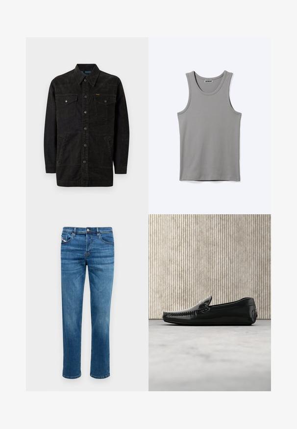 Mustmustest denim jakk, millel on nuppudega kinnitused, kaks rinnaelementi, küljetaskud ja terav krae. Omab peent tikandit ja tekstureeritud viimistlust.; Lihtne hall varrukateta soonikuga topp ümmarguse kaelusega ja väikese brändi sildiga krae sees.; Sinised teksad otse lõikega, viie taskuga ja nööbi kinnitusega. Omab tagasihoidlikku kontrastselt õmblemist ja siledat tekstuuri.; Mustad nahast loafers, millel on läikiv viimistlus, ümar varvas ja kaunistav riistvara ees. Madala profiiliga kummitald. Sujuv tekstuur.