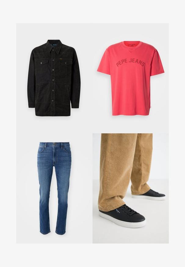 Veste en denim noir avec des boutons-pression, deux poches sur la poitrine, des poches latérales et un col pointu. Présente des coutures discrètes et une finition texturée.; T-shirt en coton corail à manches courtes et col rond. Présente l'inscription "PEPE JEANS" imprimée en lettres foncées sur la poitrine.; Jean en denim bleu avec une coupe droite, cinq poches et une fermeture éclair. Présente une décoloration subtile et des coutures contrastantes le long des coutures.; Baskets en cuir noir avec des semelles en caoutchouc blanches. Portées avec un pantalon en velours côtelé beige à côtes verticales et à coupe décontractée.