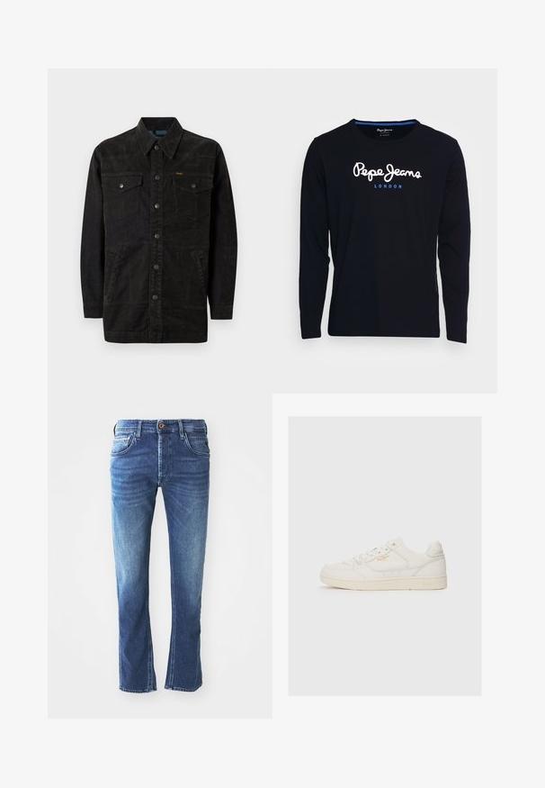 Schwarze Jeansjacke mit Druckknöpfen, zwei Brusttaschen, Seitentaschen und einem spitz zulaufenden Kragen. Merkmale sind dezente Nähte und eine strukturierte Oberfläche.; Schwarzes Langarm-T-Shirt aus Baumwollstoff, mit dem weißen und blauen Logo-Text "Pepe Jeans London" centriert auf der Brust.; Dunkelblaue Jeans aus Denim mit geradem Bein, ausgestattet mit fünf Taschen, einem braunen Knopfverschluss und dezenten hellen Verfärbungen an den Oberschenkeln.; Weiße Leder-Sneaker mit glatter Textur, versehen mit perforierten Akzenten, Schnürung an der Vorderseite und einem subtilen Logo in Gold an der Seite.