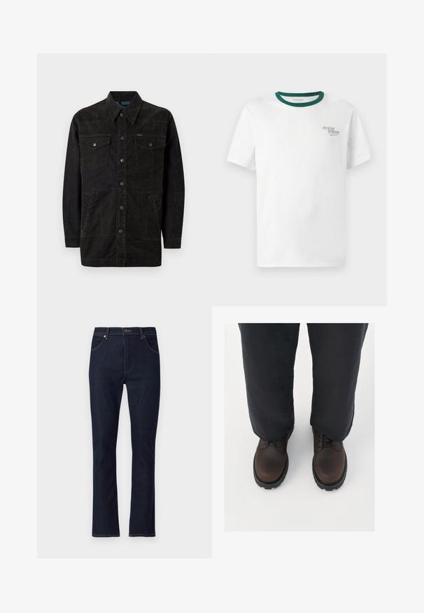 Chaqueta de mezclilla negra con botones a presión, dos bolsillos en el pecho, bolsillos laterales y un cuello con punta. Presenta costuras sutiles y un acabado texturizado.; Camiseta blanca de algodón con un cuello redondo verde, que presenta un pequeño logo de "Cowboy Country" bordado en verde en el lado izquierdo del pecho.; Vaqueros azul oscuro de corte recto, con bolsillos delanteros, trabillas para cinturón y cierre de botón.; Zapatos de cuero marrón con cordones y puntera redonda, suela de goma negra y detalles texturizados, combinados con pantalones sueltos de color oscuro.